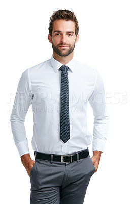 Buy stock photo Businessman, portrait and confidence on isolated white background for about us, profile picture or ID. Corporate worker, employee or intern with vision, ideas or innovation on studio mock up backdrop