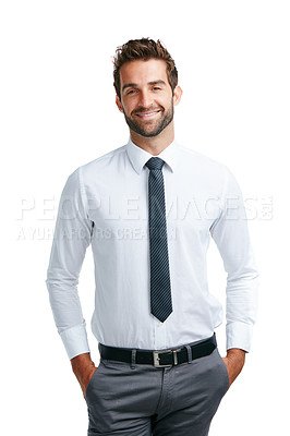 Buy stock photo Businessman, portrait and happy face on isolated white background for about us, profile picture and ID. Corporate worker, employee and intern smile with vision, ideas and innovation on studio mock up
