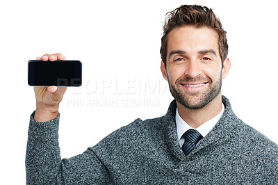 Buy stock photo Portrait, business man on phone mock up screen for internet research, social media or networking in white background. Tech, smile or manager on smartphone for social network, blog review or media app