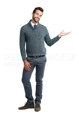 Buy stock photo Product placement, marketing and portrait of a man with mockup space isolated on a white background. Advertising, branding and employee showing a product for a commercial on a studio background