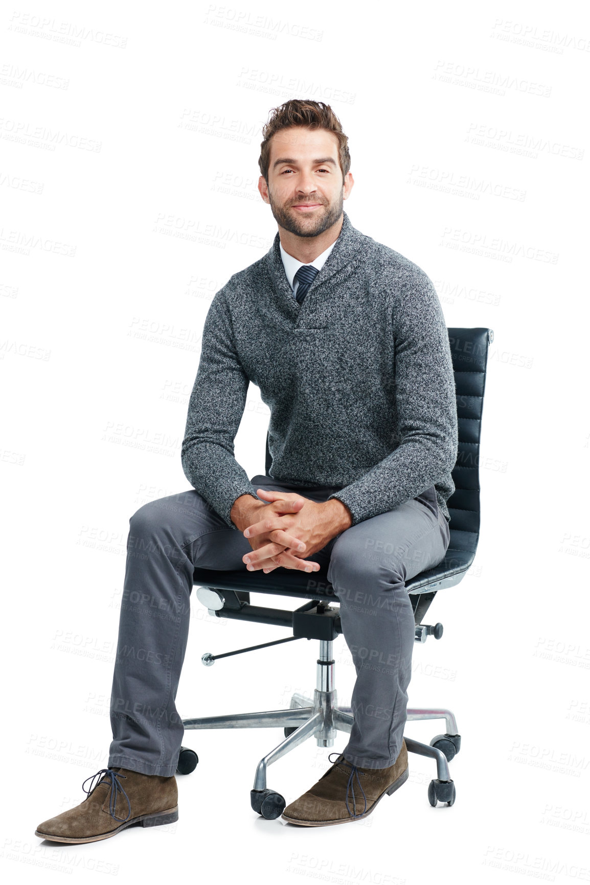 Buy stock photo Portrait, chair and mindset with a business man in studio isolated on a white background for marketing. Vision, mission and corporate with a male employee sitting on blank space for advertising
