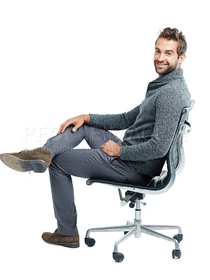Buy stock photo Portrait, chair and happy with a business man in studio isolated on a white background for marketing. Mindset, mission and corporate with a male employee sitting on blank space for advertising