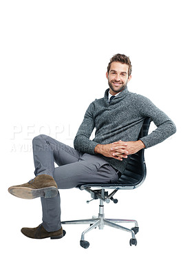 Buy stock photo Portrait, chair and happy with a business man in studio isolated on a white background for marketing. Vision, mindset and corporate with a male employee sitting on blank space for advertising