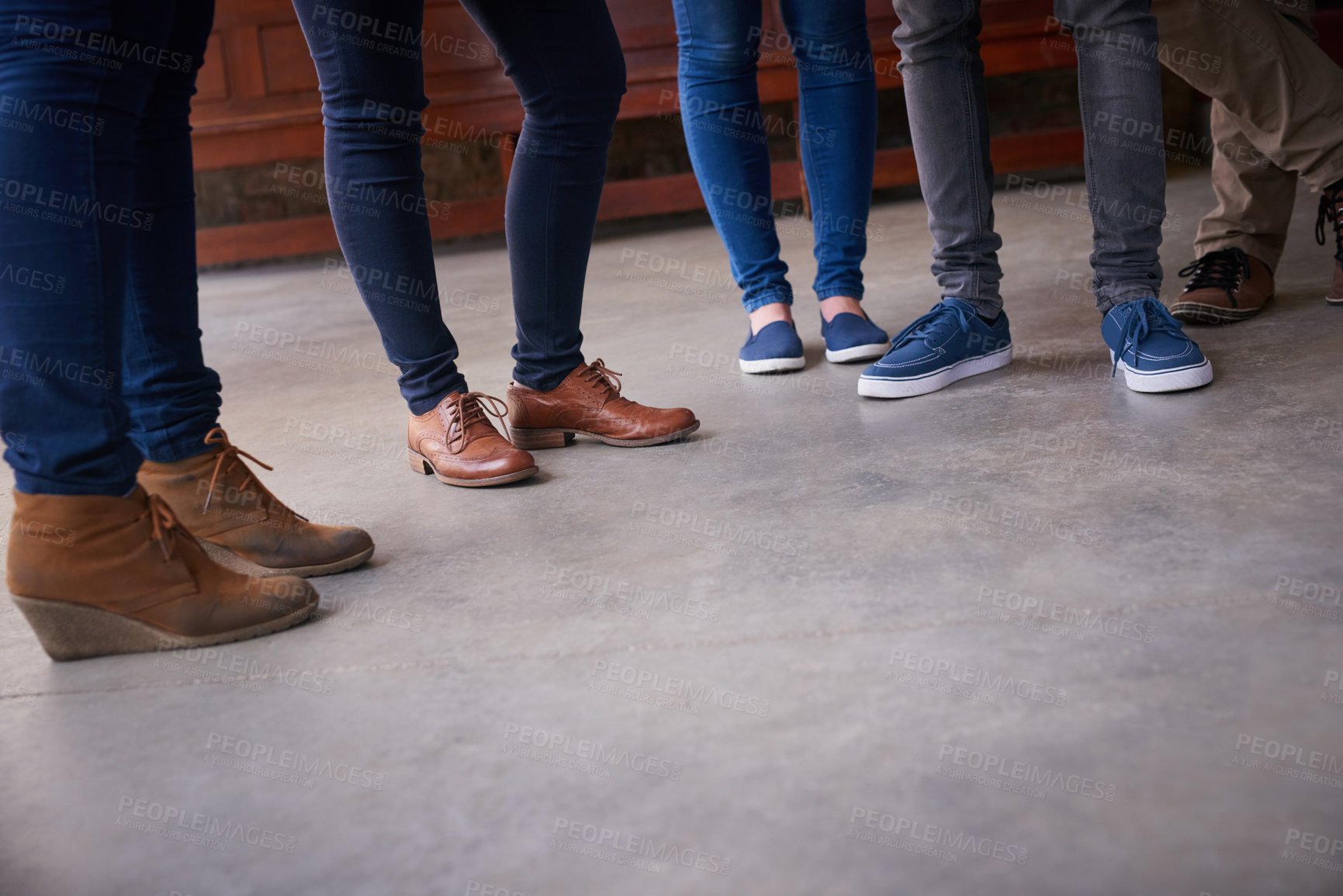 Buy stock photo Outdoor, legs and students on break, college and hangout with friends, learn or academic development. University, back to school and people with scholarship for education, space and study opportunity