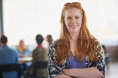 Buy stock photo Portrait of a young university student standing in her classroom