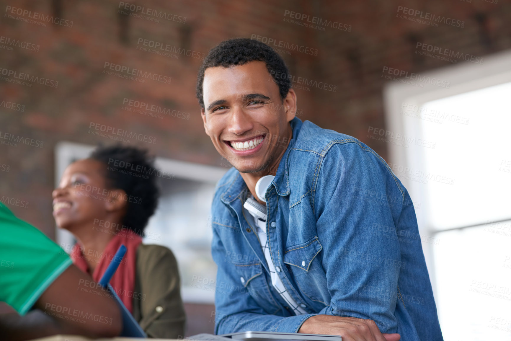 Buy stock photo University, portrait or man at campus with smile, knowledge or scholarship in study opportunity. Happy, college or student in class with confidence, higher education or pride in academic course.
