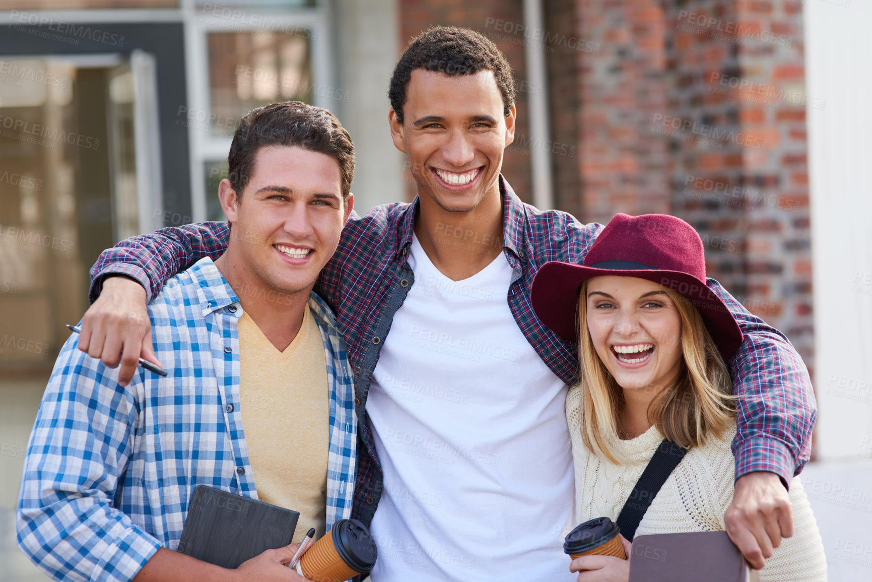 Buy stock photo Portrait of a group of university students on campus