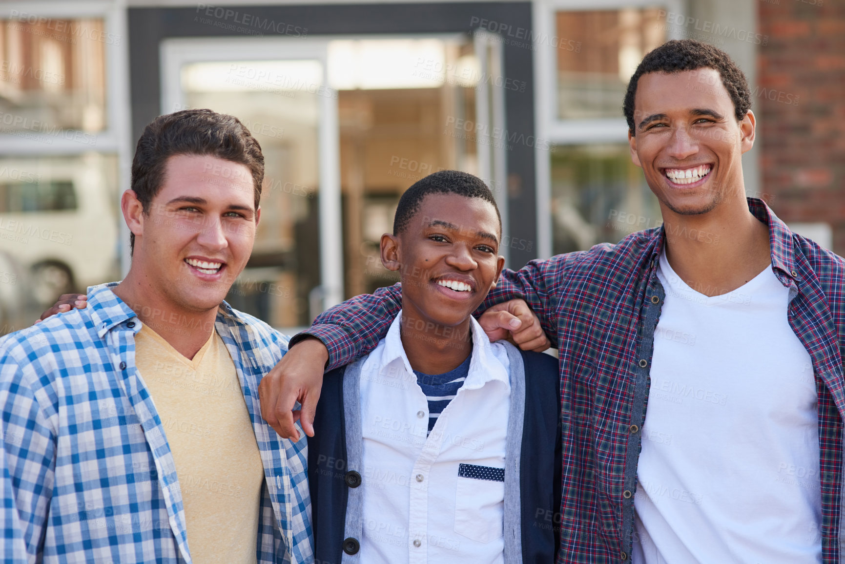 Buy stock photo Portrait of a group of university students on campus