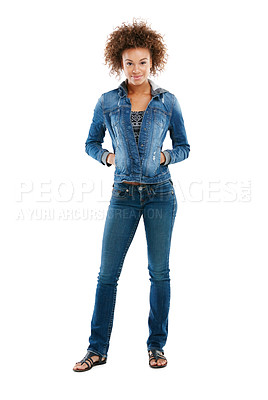 Buy stock photo Studio, fashion and portrait of black woman in denim standing isolated on white background mockup. Makeup, aesthetics and cool young female model from Brazil with designer, stylish and trendy jeans.