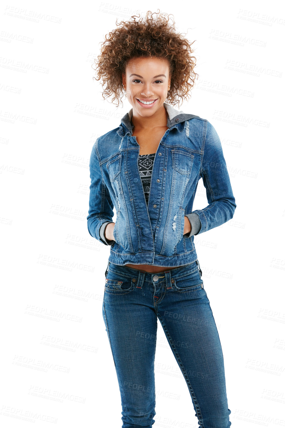 Buy stock photo Fashion, studio and portrait of black woman in denim isolated on a white background. Makeup, aesthetics and young, happy and cool female model from Brazil with designer, stylish and trendy clothing.