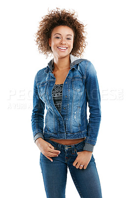 Buy stock photo Portrait, fashion and denim with a model black woman in studio isolated on a white background or mock up. Happy, smile or style with an attractive young female posing on blank product placement space