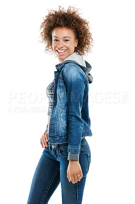 Buy stock photo Black woman, smile and standing isolated on a white background in denim fashion for profile. Portrait of a happy confident young African American female model smiling in happiness for clothing style
