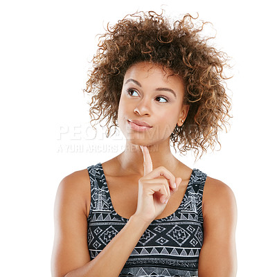 Buy stock photo Idea, thinking and face of black woman on a white background with cosmetics, makeup and confidence. Fashion, vision and isolated headshot of girl model with mockup for ideas, inspiration and thought