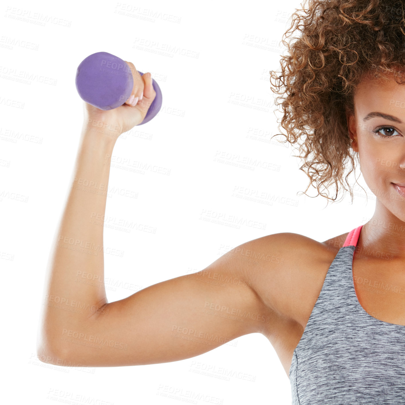 Buy stock photo Fitness, dumbbells and woman in studio with bicep for exercise, strength and bodybuilding. Half portrait, workout and person with weights for muscles, strong arms and health on white background