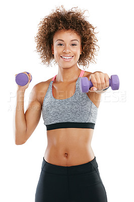 Buy stock photo Studio shot of a fit young woman lifting weights against a white background