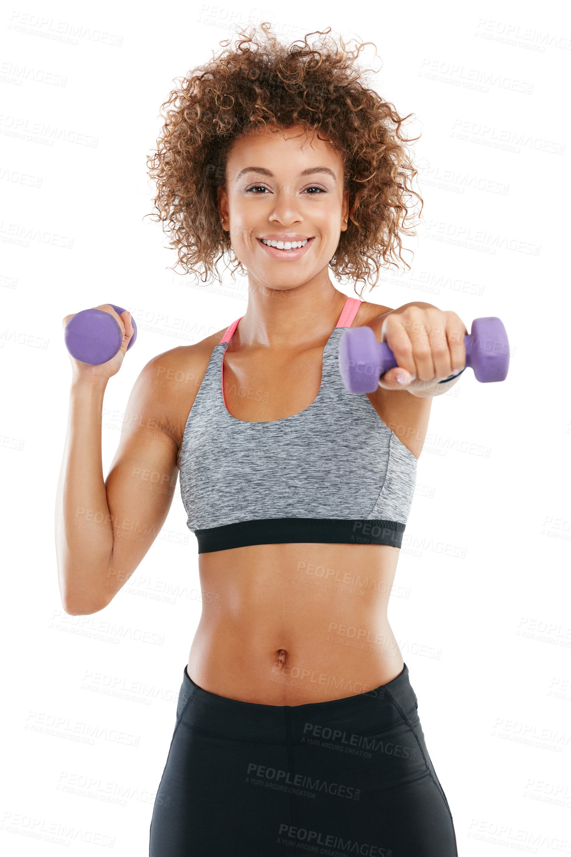 Buy stock photo Studio shot of a fit young woman lifting weights against a white background