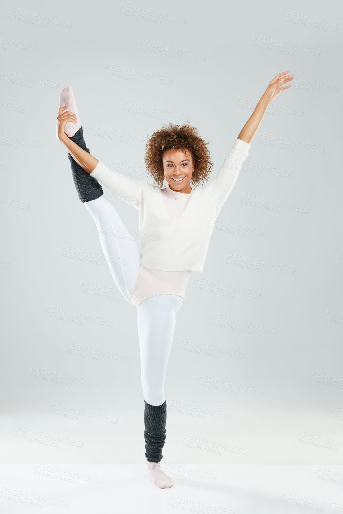 Buy stock photo Dance, portrait and smile of ballerina woman in studio for choreography practice or rehearsal. Ballet, energy and rhythm  with dancer person on white background for exercise, fitness or wellness