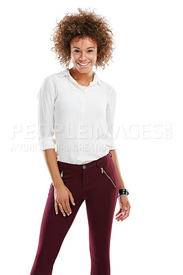 Buy stock photo Black woman, happy portrait and standing ready isolated in white background, happiness lifestyle and success. African girl, confident smile and positive mindset or success motivation in studio 