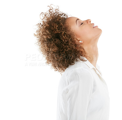 Buy stock photo Black woman, relax and meditation in studio for mindset, zen and breathing on white background. Peace, girl and corporate employee mediate before start of work, deep breathing and standing isolated