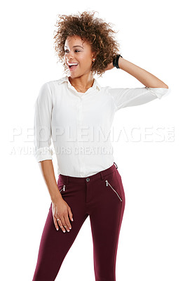 Buy stock photo Fashion, casual and happy woman in a studio with a stylish, cool and trendy beautiful outfit. Style, happiness and female person or model with an afro from Mexico posing isolated by white background.