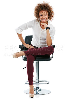 Buy stock photo Portrait, business and black woman on chair, smile and management with girl isolated on white studio background. Female employee, entrepreneur and leader sitting, happiness and manager for company