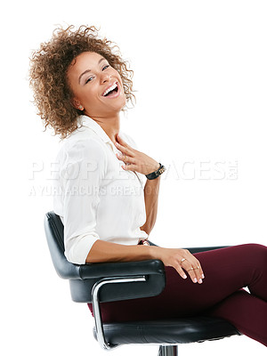 Buy stock photo Business woman, smile and laughing in chair while sitting against white studio background. Portrait of isolated happy female worker smiling in happiness and laugh for joke or meme on white background