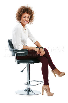 Buy stock photo Happy, classy and portrait of a black woman on a chair isolated on a white background in studio. Professional, young and beautiful, African and smiling elegant girl sitting on a studio background