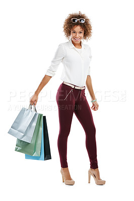 Buy stock photo Black woman, retail shopping bag and happy customer standing isolated in white background. Luxury boutique purchase, African girl smile and clothes promotion, fashion lifestyle or model happiness 
