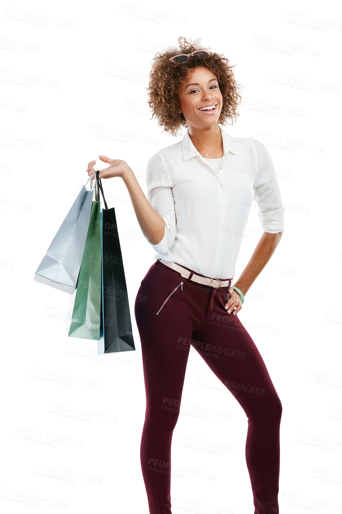 Buy stock photo African woman, smile and fashion shopping bag for happy customer, standing isolated in white background. Luxury boutique purchase, black woman and clothes promotion, fashion lifestyle or happiness 