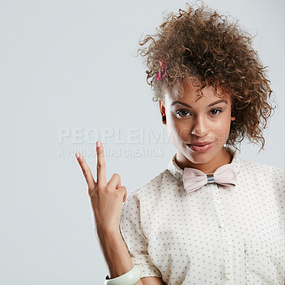 Buy stock photo Black woman, peace sign and portrait of a woman smile holding a cool hand sign and mockup. Fashion, white background and isolated model with modern and designer style in a studio with mock up space