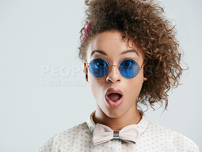 Buy stock photo Black woman, wow and surprise on her face with sunglasses isolated against a studio white background. Portrait of shock, wtf and open mouth by female excited for fashion sale, deal or discount