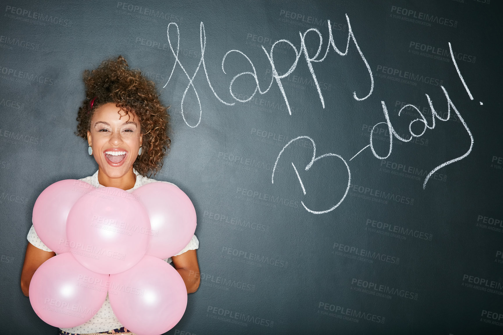 Buy stock photo Black woman, balloons and celebrate happy birthday sign for party fun, happiness and wow celebration. Young african girl, smile and festive balloon, announcement portrait and excited in black studio