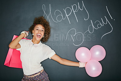 Buy stock photo Smile, birthday balloons and portrait of a black woman with a gift and chalkboard for celebration. Happy, smile and excited person with a present and party sign with a model and happy birthday