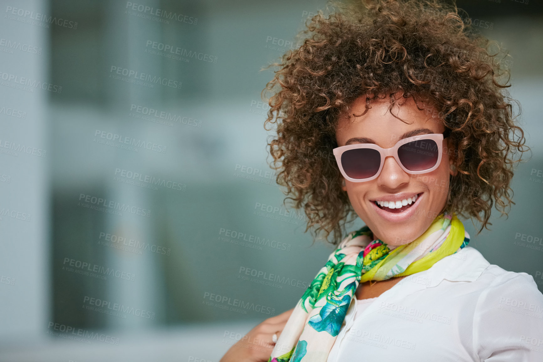 Buy stock photo Portrait of an attractive young woman enjoying her day at the mall