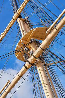 Buy stock photo Detail of the old Danish Ship Fregatten Jylland, national treasure and tourist attraction in the city of Ebeltoft,  Denmark