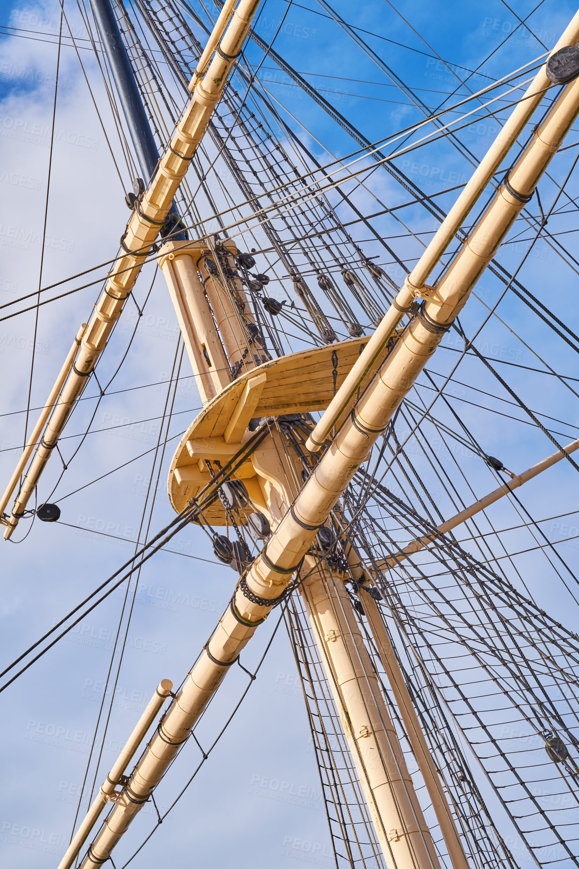 Buy stock photo Blue sky, history and travel with mast of boat outdoor in nature from below for Danish heritage. Adventure, engineering and rope with flagpole on ship for holiday, sailing or vacation at sea