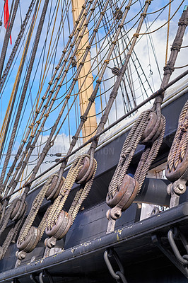 Buy stock photo Detail of the old Danish Ship Fregatten Jylland, national treasure and tourist attraction in the city of Ebeltoft,  Denmark