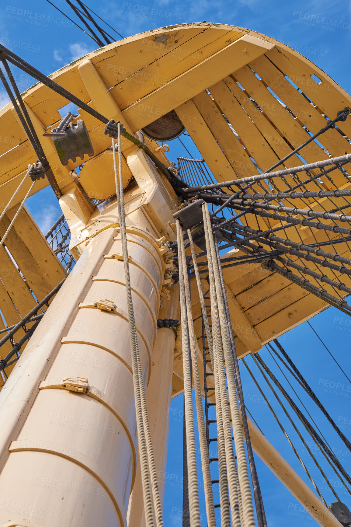 Buy stock photo Blue sky, history and wooden mast of ship outdoor in nature from below for Danish heritage. Adventure, engineering and travel with rope on sailing boat for journey, holiday or vacation at sea