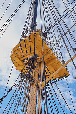 Buy stock photo Blue sky, history and journey with mast of ship outdoor in nature from below for Danish heritage. Engineering, rope and travel with flagpole on sail boat for adventure, holiday or vacation at sea