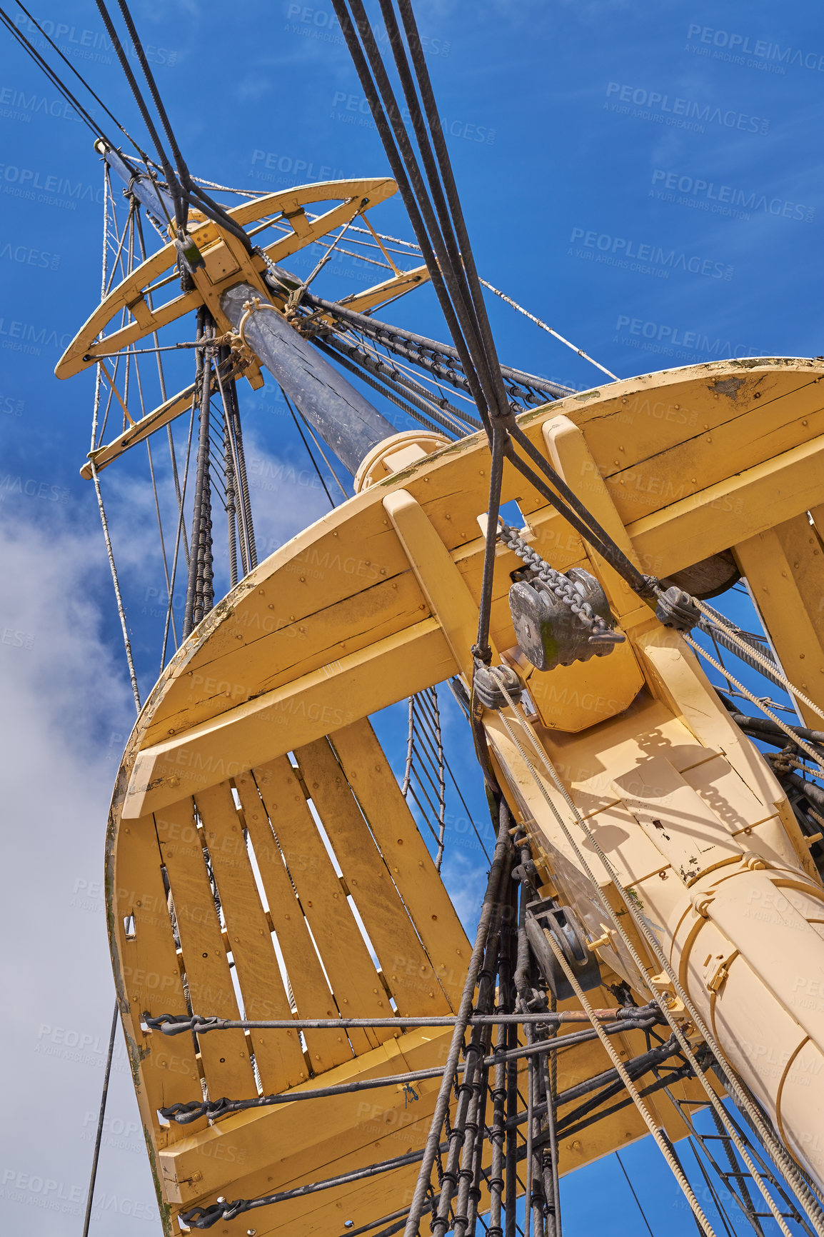 Buy stock photo Blue sky, craftsmanship and travel with mast of ship outdoor in nature from below for Danish heritage. Adventure, engineering and rope with flagpole on boat for journey, holiday or vacation at sea