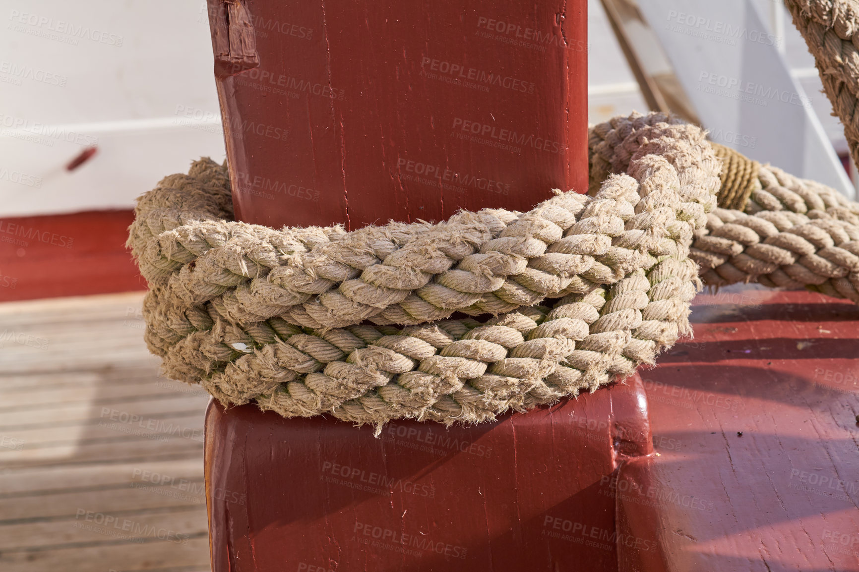 Buy stock photo Marine, ship and rope in pole at harbor for sailing, transportation and travel at deck. Ocean, outdoor and sailboat in closeup for luxury, adventure and trip or journey with cruise, cable or navigate