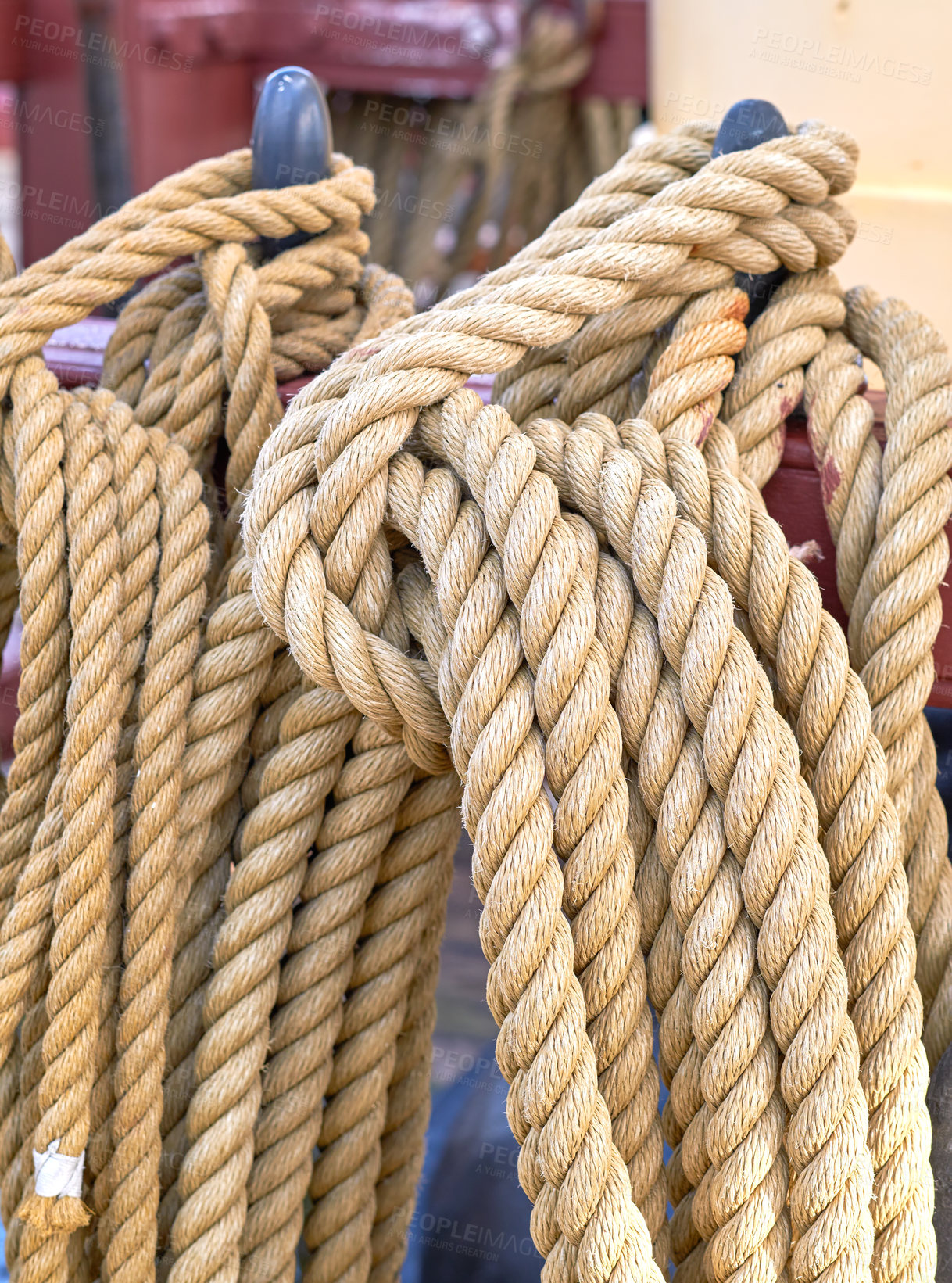 Buy stock photo Outdoor, ship and rope in pole at harbor for sailing, transportation and travel at deck. Ocean, marine and sailboat in closeup for luxury, adventure and trip or journey with cruise, cable or navigate