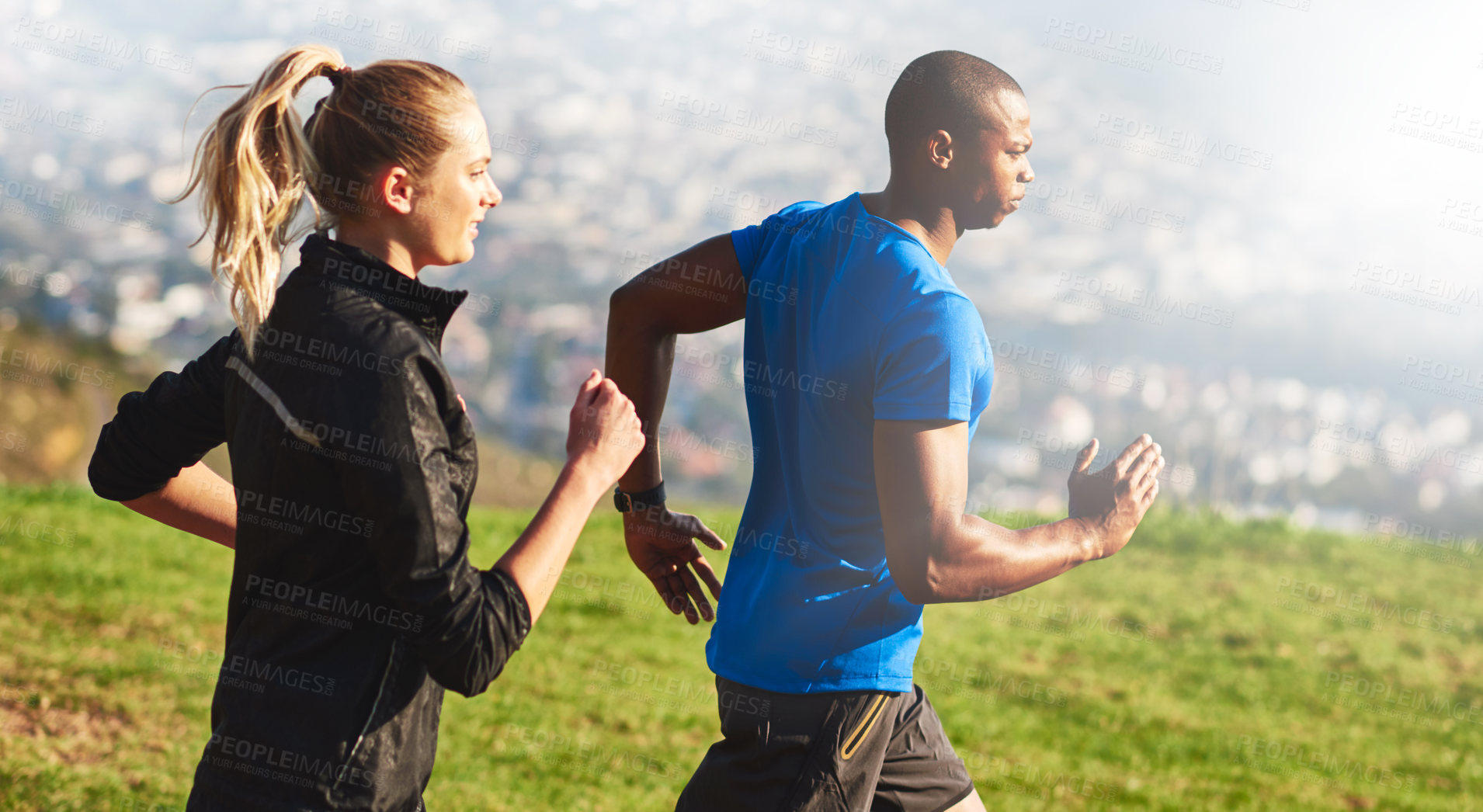 Buy stock photo Running, interracial couple and outdoor on mountain by city with fitness, race training and marathon exercise. Runner, athlete and people together for wellness and health in the morning with cardio