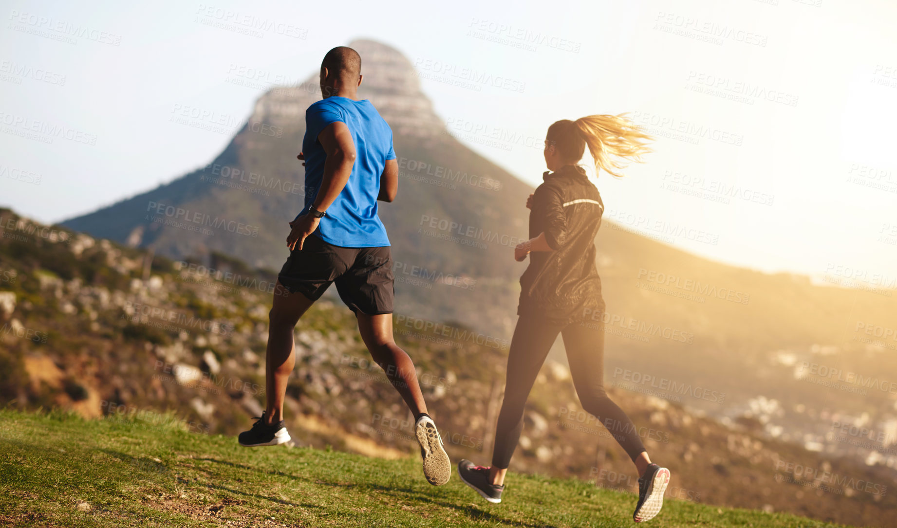 Buy stock photo Run, couple and outdoor on mountain on hill with fitness, race training and marathon exercise. Runner, athlete and people together for sport wellness and health in the morning with cardio on grass