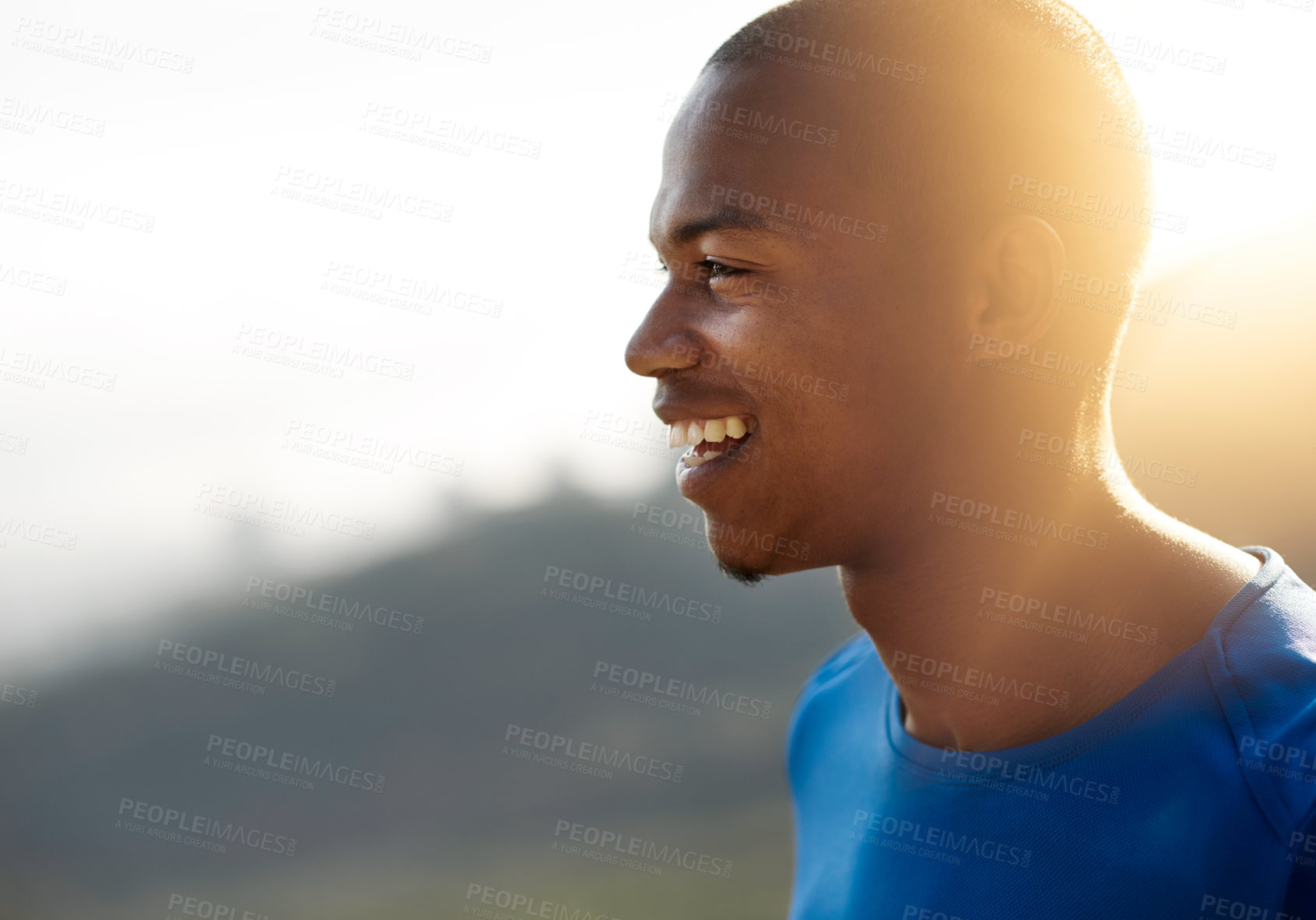 Buy stock photo Black man, outdoor and thinking with smile in fitness for healthy body, wellness and idea for exercise. Happy, athlete and female person with sun by mockup space for training, break and workout plan