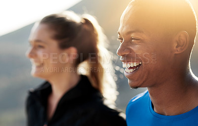 Buy stock photo Cropped shot of two athletes standing outdoors