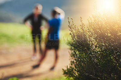 Buy stock photo Closeup shot of a bush with two people blurred in the background