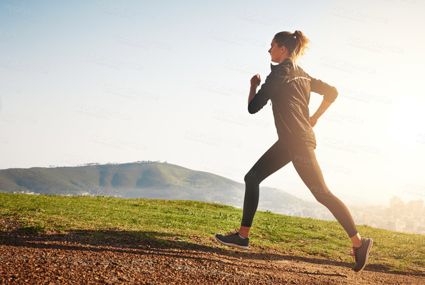 Buy stock photo Woman, running and fitness with mountain on space for exercise, cardio workout or outdoor training. Active, female person or runner with trekking, hiking path or dirt road for sprint or marathon