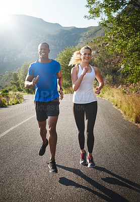 Buy stock photo Couple, running and portrait with exercise in nature for wellness, support or cardio in fitness training. Sports, athlete and runner with marathon by road for endurance, challenge or workout together