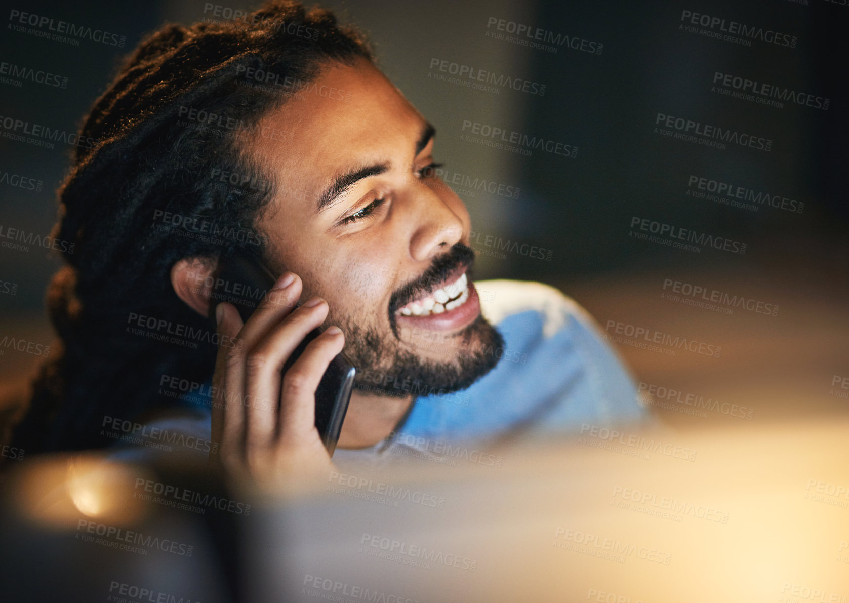 Buy stock photo Creative man, proposal and phone call in night meeting for startup, artist or small business agency. Designer, computer and art director happy for project discussion, planning or entrepreneur goals